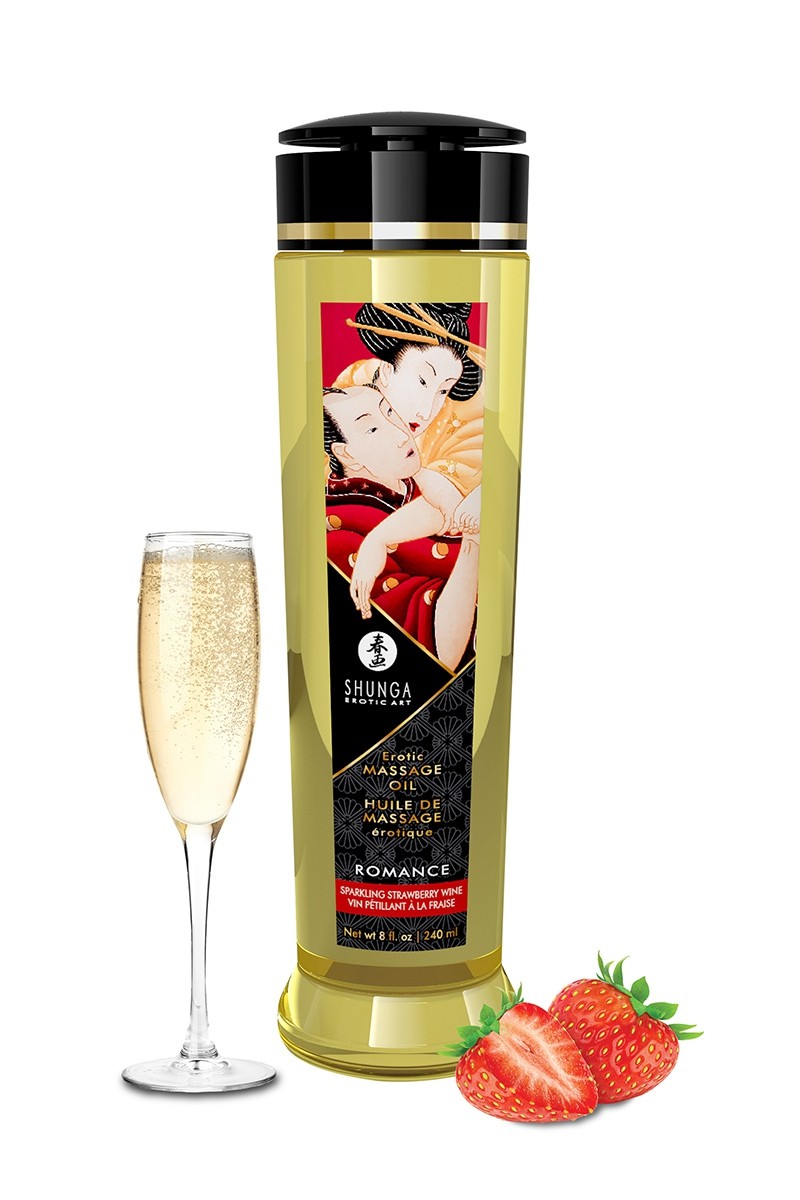 Huile de massage parfum fraise & vin pétillant - Shunga